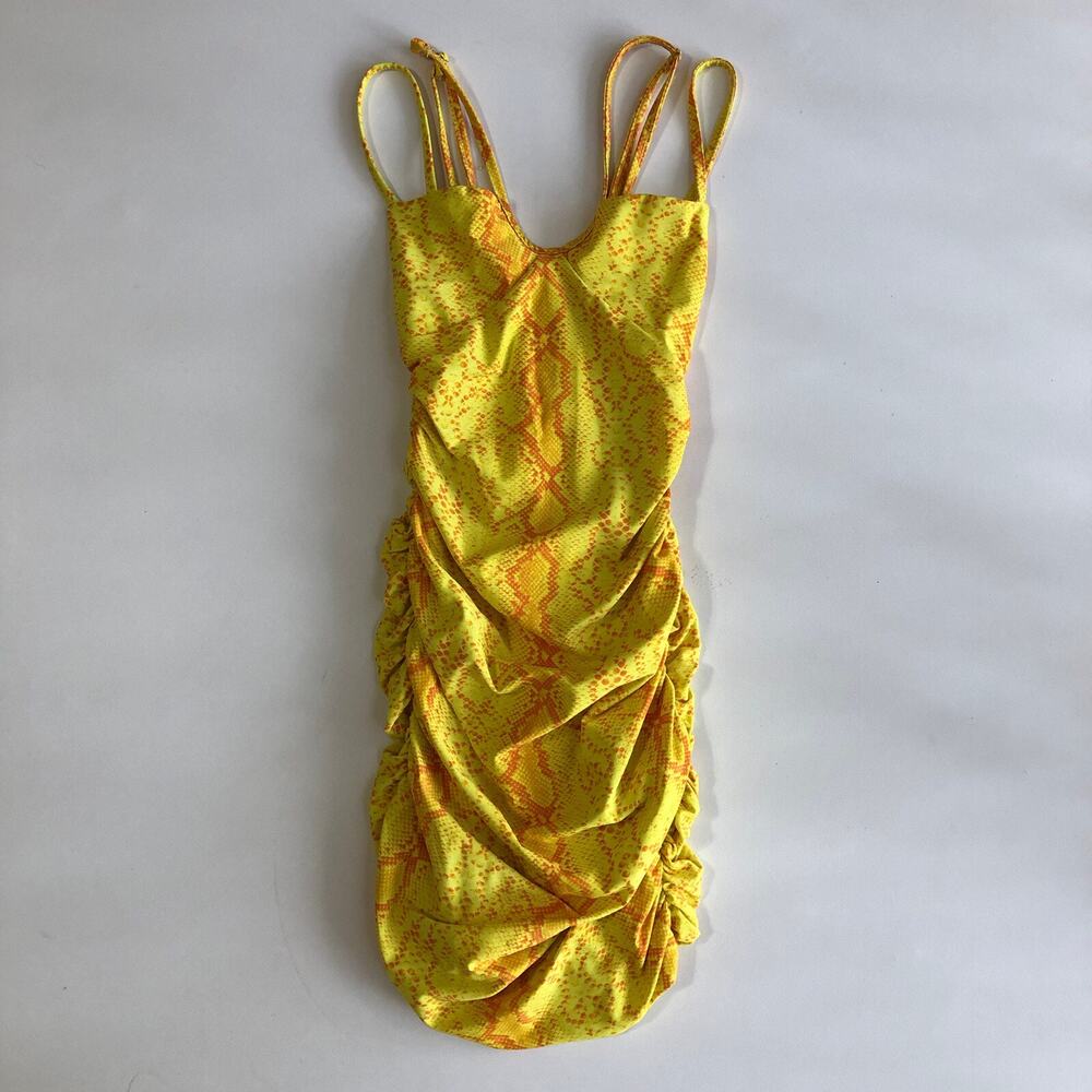 Tiger Mist. Women’s Sleeveless Lined Yellow/Orange Ruched Dress Sz XS